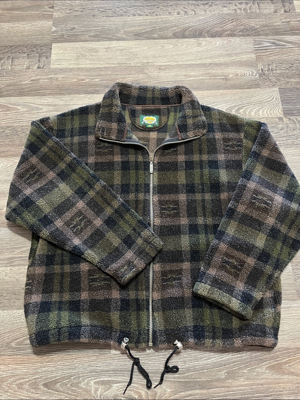 Vintage Cabela's Olive Green and Brown Plaid Women’s Zip-Front Fleece Jacket